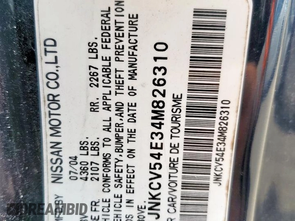 2004 Infiniti G35 w/Leather z VIN JNKCV54E34M826310, wystawiony jako Copart lot #59636735 z przebiegiem 215 769 mil mil oraz Szkoda całkowita • Salvage title. Historia ofert i sprzedaży dostępna na DreamBid. Obrazek 12.