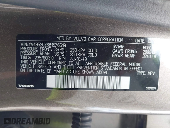 2011 Volvo XC90 I6 with VIN YV4952CZ6B1576619, listed as a IAAI auction lot 42051807 with 166,344 mi miles and . Bid and sale history available at DreamBid. Image 9.