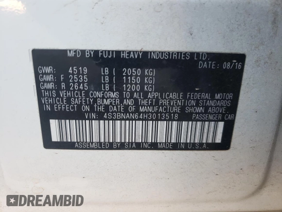 2017 Subaru Legacy Limited with VIN 4S3BNAN64H3013518, listed as a Copart auction lot 37397623 with 0 mi miles. Bid and sale history available at carsss.com. Image 15.