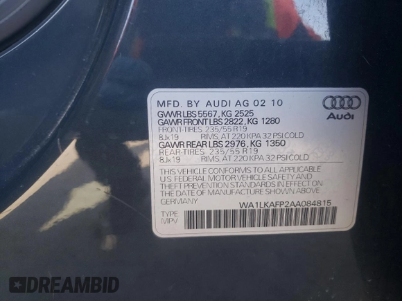 2010 Audi Q5 Premium Plus with VIN WA1LKAFP2AA084815, listed as a Copart auction lot 57433245 with 140,855 mi miles and Salvage title. Bid and sale history available at DreamBid. Image 12.