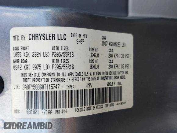 2008 Chrysler PT Cruiser Touring with VIN 3A8FY58B68T115747, listed as a Copart auction lot 57665135 with 69,939 mi miles and Clean title. Bid and sale history available at DreamBid. Image 12.