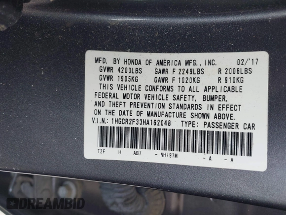 2017 Honda Accord LX with VIN 1HGCR2F33HA162048, listed as a IAAI auction lot 42006856 with 92,300 mi miles. Bid and sale history available at carsss.com. Image 9.