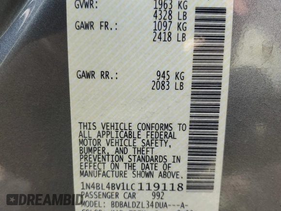 2020 Nissan Altima 2.5 S with VIN 1N4BL4BV1LC119118, listed as a Copart auction lot 46357325 with 83,844 mi miles and Salvage Title. Bid and sale history available at carsss.com. Image 13.
