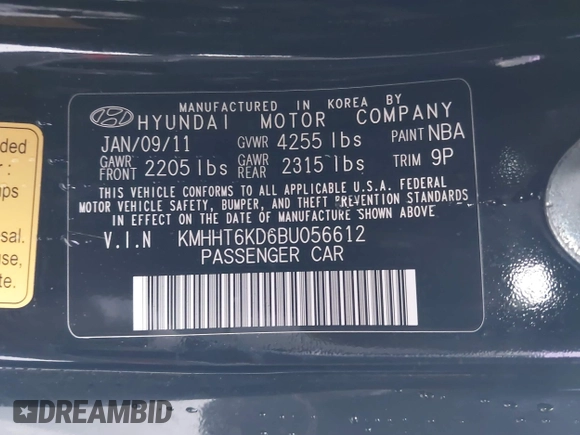 2011 Hyundai Genesis Coupe with VIN KMHHT6KD6BU056612, listed as a IAAI auction lot 41872721 with 143,137 mi miles and . Bid and sale history available at DreamBid. Image 9.