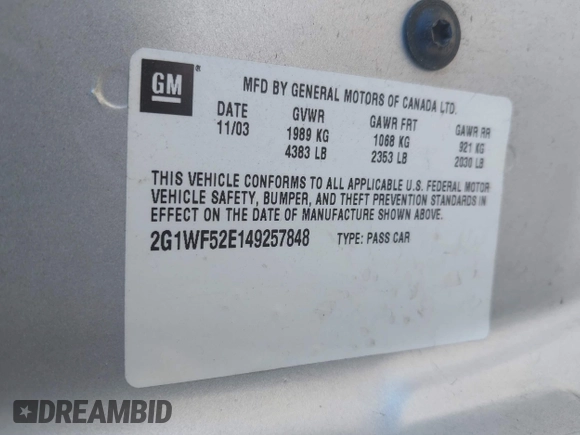 2004 Chevrolet Impala with VIN 2G1WF52E149257848, listed as a IAAI auction lot 42677228 with 136,326 mi miles and . Bid and sale history available at DreamBid. Image 9.