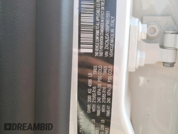 2022 Jeep Renegade Sport with VIN ZACNJDA16NPN51551, listed as a Copart auction lot 75525974 with 15,898 mi miles and Salvage title. Bid and sale history available at DreamBid. Image 13.