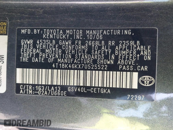 2007 Toyota Camry LE with VIN 4T1BK46KX7U525522, listed as a IAAI auction lot 41198095 with 77,465 mi miles and . Bid and sale history available at DreamBid. Image 9.