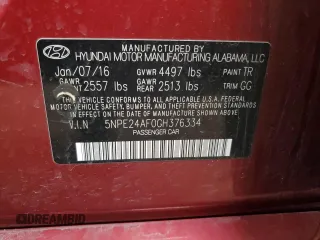 2016 Hyundai Sonata SE with VIN 5NPE24AF0GH376334, listed as a Copart auction lot 54157565 with 106,290 mi miles and Salvage Title. Bid and sale history available at carsss.com. Image 12.