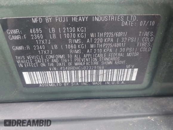 2011 Subaru Outback Premium with VIN 4S4BRDHC5B2329168, listed as a IAAI auction lot 42706057 with 210,621 mi miles and . Bid and sale history available at DreamBid. Image 9.