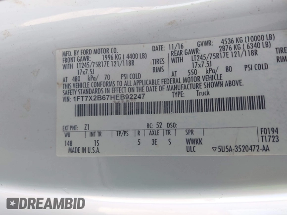 2017 Ford F-250 XLT with VIN 1FT7X2B67HEB92247, listed as a IAAI auction lot 42256813 with 137,486 mi miles and . Bid and sale history available at DreamBid. Image 9.