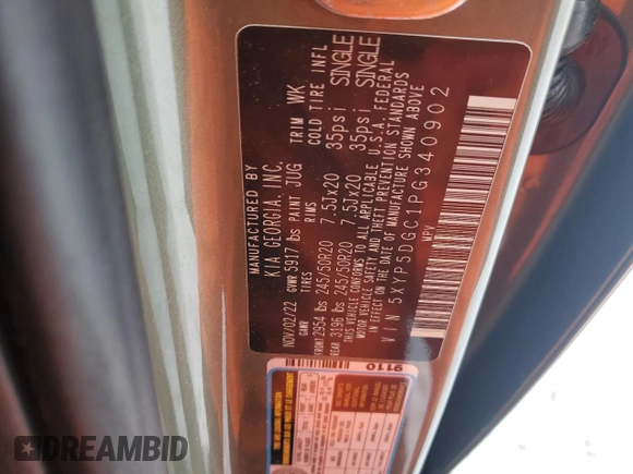 2023 Kia Telluride SX with VIN 5XYP5DGC1PG340902, listed as a Copart auction lot 87705835 with 25,797 mi miles and Salvage title. Bid and sale history available at DreamBid. Image 13.