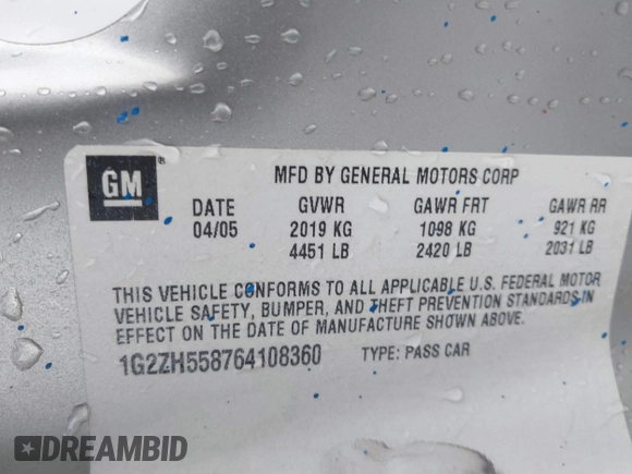 2006 Pontiac G6 GT with VIN 1G2ZH558764108360, listed as a IAAI auction lot 41976489 with Not provided miles and . Bid and sale history available at DreamBid. Image 9.