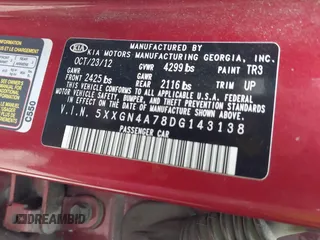 2013 Kia Optima EX z VIN 5XXGN4A78DG143138, wystawiony jako IAAI lot #41965486 z przebiegiem 73 795 mil mil oraz . Historia ofert i sprzedaży dostępna na DreamBid. Obrazek 9.