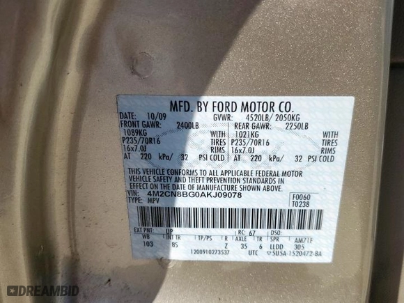 2010 Mercury Mariner with VIN 4M2CN8BG0AKJ09078, listed as a Copart auction lot 52863705 with 98,350 mi miles and Salvage Title. Bid and sale history available at carsss.com. Image 14.