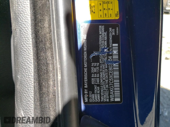 2012 BMW 3 Series 335i with VIN WBAKG7C5XCE803004, listed as a Copart auction lot 50316765 with 97,413 mi miles and Salvage title. Bid and sale history available at DreamBid. Image 12.