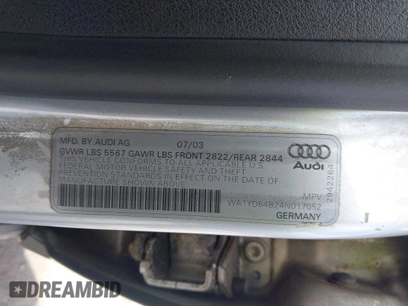 2004 Audi allroad A6 V8 with VIN WA1YD64B24N017052, listed as a IAAI auction lot 42085824 with 151,368 mi miles and . Bid and sale history available at DreamBid. Image 9.