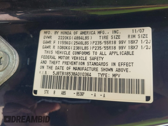 2008 Acura RDX Technology with VIN 5J8TB18538A010364, listed as a IAAI auction lot 41950515 with 163,397 mi miles and . Bid and sale history available at carsss.com. Image 9.