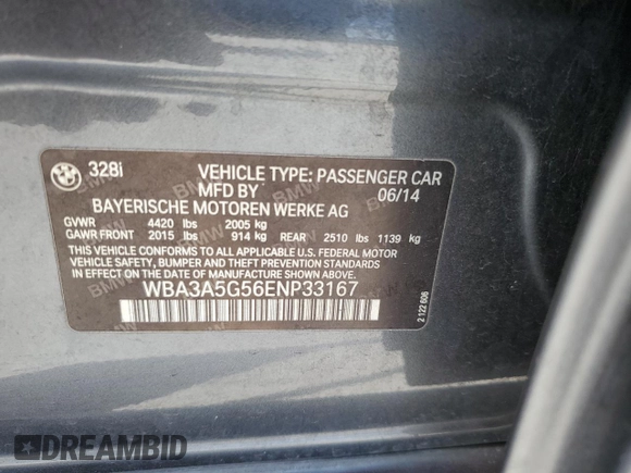 2014 BMW 3 Series 328i with VIN WBA3A5G56ENP33167, listed as a Copart auction lot 61406885 with 125,967 mi miles and Salvage title. Bid and sale history available at DreamBid. Image 12.