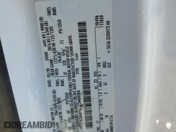 2020 Ford F-250 XL with VIN 1FT7X2A61LED40080, listed as a Copart auction lot 88605525 with 137,972 mi miles and Salvage title. Bid and sale history available at DreamBid. Image 14.