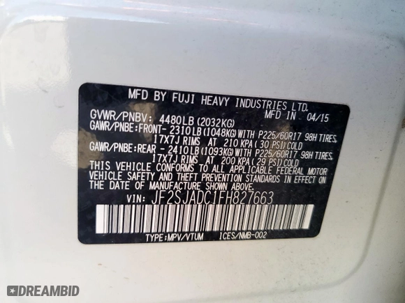 2015 Subaru Forester 2.5i Premium with VIN JF2SJADC1FH827663, listed as a Copart auction lot 52176295 with 130,094 mi miles and Salvage Title. Bid and sale history available at carsss.com. Image 13.