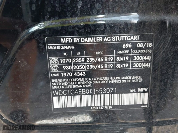 2019 Mercedes-Benz GLA with VIN WDCTG4EB0KJ553071, listed as a IAAI auction lot 41242047 with 38,203 mi miles. Bid and sale history available at carsss.com. Image 9.