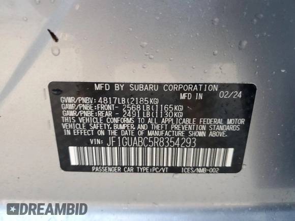 2024 Subaru Impreza with VIN JF1GUABC5R8354293, listed as a Copart auction lot 73984514 with 744 mi miles and Non Repairable. Bid and sale history available at carsss.com. Image 13.