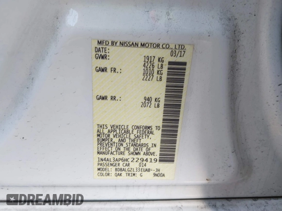 2017 Nissan Altima SV with VIN 1N4AL3AP6HC229419, listed as a IAAI auction lot 41672097 with 80,901 mi miles and . Bid and sale history available at DreamBid. Image 9.