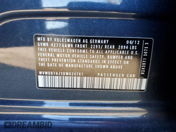 2013 Volkswagen Golf w/Conv & Sunroof with VIN WVWDB7AJ3DW024761, listed as a Copart auction lot 46911325 with 88,262 mi miles and Salvage title. Bid and sale history available at DreamBid. Image 13.