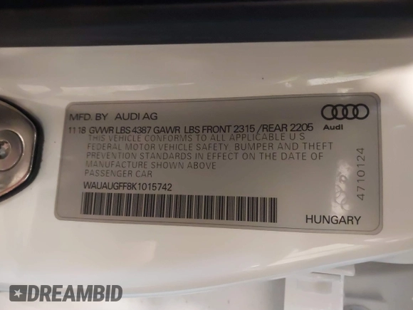 2019 Audi A3 Premium with VIN WAUAUGFF8K1015742, listed as a IAAI auction lot 41033603 with 89,279 mi miles and . Bid and sale history available at DreamBid. Image 9.