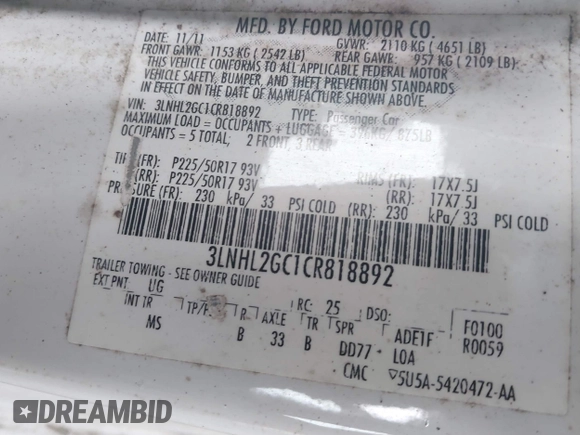 2012 Lincoln MKZ with VIN 3LNHL2GC1CR818892, listed as a IAAI auction lot 42518005 with 91,078 mi miles and . Bid and sale history available at DreamBid. Image 9.