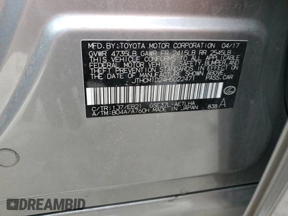 2017 Lexus IS with VIN JTHCM1D24H5022471, listed as a Copart auction lot 52207865 with 76,648 mi miles and Salvage Title. Bid and sale history available at carsss.com. Image 14.