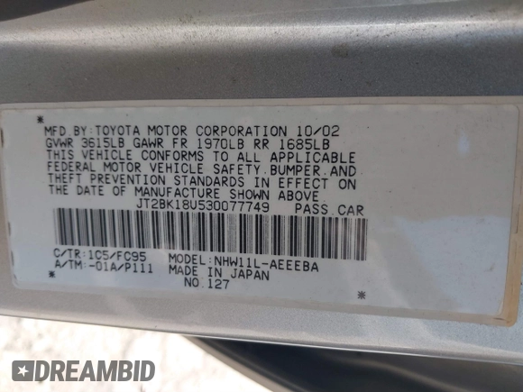 2003 Toyota Prius with VIN JT2BK18U530077749, listed as a IAAI auction lot 41227741 with 91,524 mi miles. Bid and sale history available at carsss.com. Image 9.