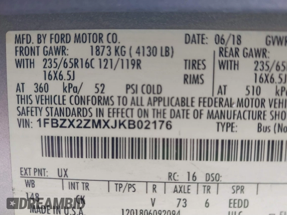 2018 Ford Transit Passenger XL с VIN 1FBZX2ZMXJKB02176, выставлен на аукционе IAAI как лот 41455827 с пробегом 75 340 миль миль и . История ставок и продаж доступна на DreamBid. Изображение 9.