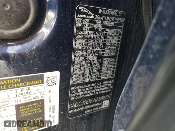 2022 Jaguar F-Pace S z VIN SADCJ2EX5NA698297, wystawiony jako Copart lot #58748925 z przebiegiem 46 525 mil mil oraz Szkoda całkowita • Salvage title. Historia ofert i sprzedaży dostępna na DreamBid. Obrazek 13.