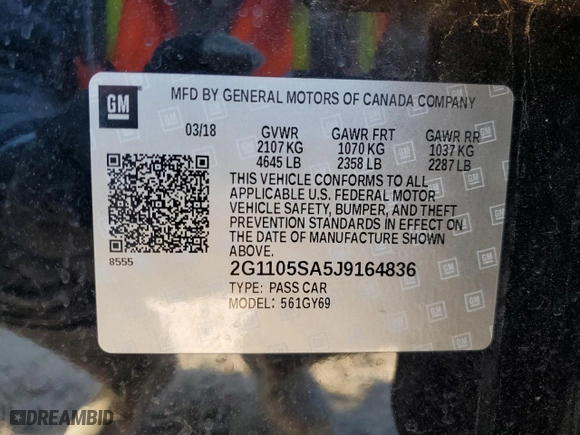 2018 Chevrolet Impala LT with VIN 2G1105SA5J9164836, listed as a Copart auction lot 46434355 with 109,054 mi miles and Salvage Title. Bid and sale history available at carsss.com. Image 12.