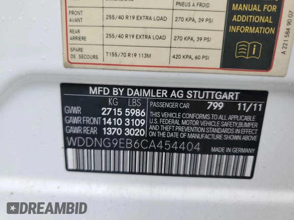2012 Mercedes-Benz S 550 with VIN WDDNG9EB6CA454404, listed as a Copart auction lot 58082345 with 107,699 mi miles and Salvage title. Bid and sale history available at DreamBid. Image 12.