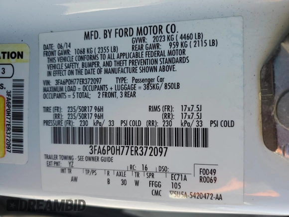 2014 Ford Fusion SE with VIN 3FA6P0H77ER372097, listed as a Copart auction lot 53345115 with 63,316 mi miles and Salvage Title. Bid and sale history available at carsss.com. Image 12.