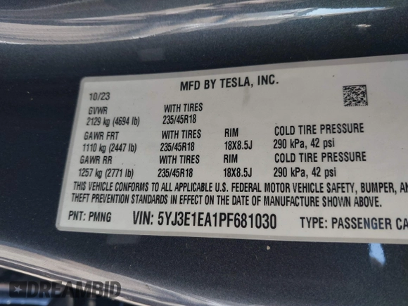 2023 Tesla Model 3 z VIN 5YJ3E1EA1PF681030, wystawiony jako IAAI lot #41545960 z przebiegiem 19 590 mil mil oraz . Historia ofert i sprzedaży dostępna na DreamBid. Obrazek 9.