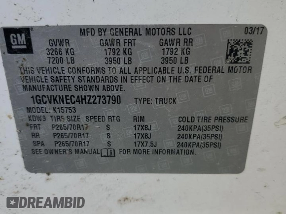 2017 Chevrolet Silverado 1500 Work Truck with VIN 1GCVKNEC4HZ273790, listed as a Copart auction lot 49788285 with 130,024 mi miles and Clean Title. Bid and sale history available at carsss.com. Image 12.