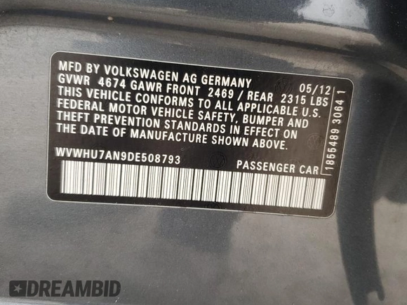 2013 Volkswagen CC VR6 Lux with VIN WVWHU7AN9DE508793, listed as a Copart auction lot 45765715 with 165,897 mi miles and Salvage Title. Bid and sale history available at carsss.com. Image 14.