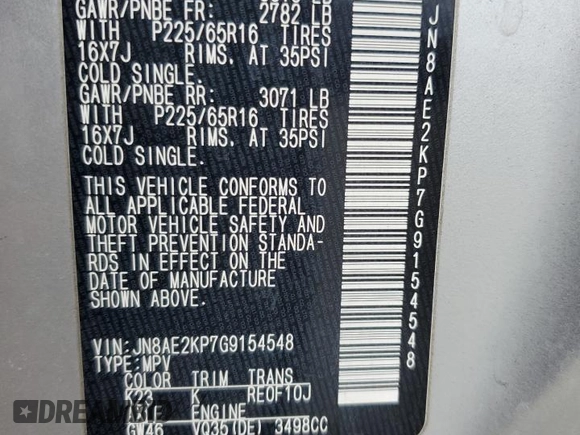 2016 Nissan Quest S z VIN JN8AE2KP7G9154548, wystawiony jako Copart lot #54135595 z przebiegiem 159 822 mil mil oraz Szkoda całkowita • Salvage title. Historia ofert i sprzedaży dostępna na DreamBid. Obrazek 13.