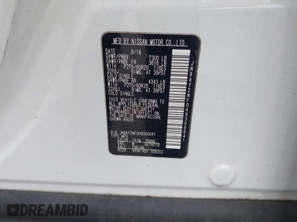 2017 Nissan Armada Platinum with VIN JN8AY2NF0H9300641, listed as a IAAI auction lot 41527614 with 130,806 mi miles. Bid and sale history available at carsss.com. Image 9.