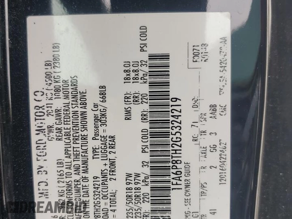 2016 Ford Mustang EcoBoost with VIN 1FA6P8TH2G5324219, listed as a Copart auction lot 59680515 with 102,810 mi miles and Salvage title. Bid and sale history available at DreamBid. Image 13.