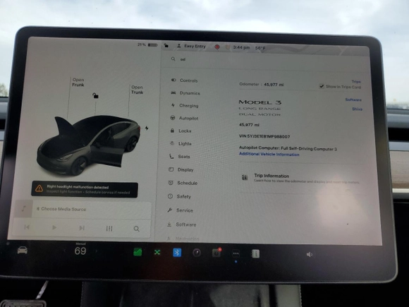 2021 Tesla Model 3 Long Range with VIN 5YJ3E1EB1MF988007, listed as a Copart auction lot 47082705 with 45,977 mi miles and Salvage Title. Bid and sale history available at carsss.com. Image 9.