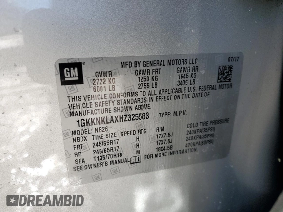 2017 GMC Acadia SLE with VIN 1GKKNKLAXHZ325583, listed as a Copart auction lot 46429005 with 115,287 mi miles and Salvage Title. Bid and sale history available at DreamBid. Image 13.