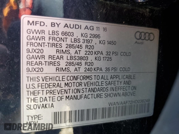2017 Audi Q7 Prestige with VIN WA1VAAF72HD036249, listed as a Copart auction lot 55306725 with 118,157 mi miles and Clean title. Bid and sale history available at DreamBid. Image 12.