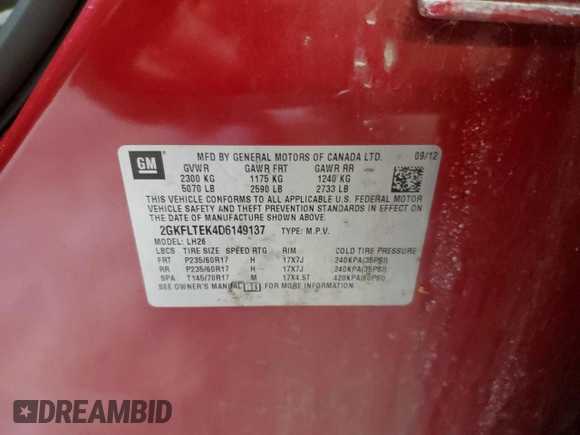 2013 GMC Terrain SLE with VIN 2GKFLTEK4D6149137, listed as a Copart auction lot 48362435 with 61,820 mi miles and Salvage Title. Bid and sale history available at DreamBid. Image 13.
