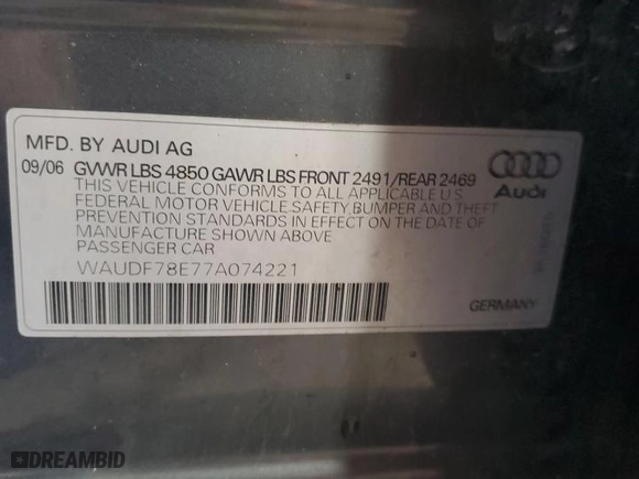 2007 Audi A4 2.0T with VIN WAUDF78E77A074221, listed as a Copart auction lot 47201605 with 134,577 mi miles and Salvage Title. Bid and sale history available at carsss.com. Image 12.