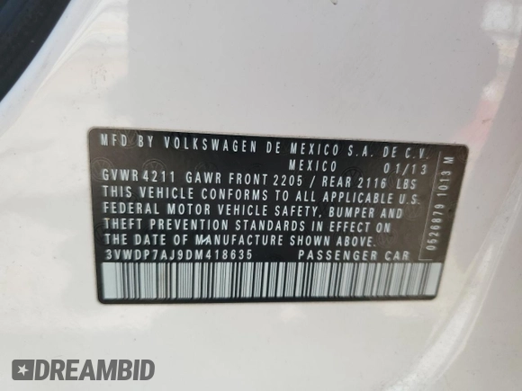 2013 Volkswagen Jetta SE with VIN 3VWDP7AJ9DM418635, listed as a Copart auction lot 59854495 with 169,960 mi miles and Salvage title. Bid and sale history available at DreamBid. Image 12.