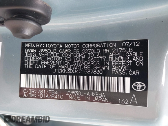 2012 Toyota Prius One z VIN JTDKN3DU4C1587830, wystawiony jako IAAI lot #42204822 z przebiegiem 98 401 mil mil oraz . Historia ofert i sprzedaży dostępna na DreamBid. Obrazek 9.
